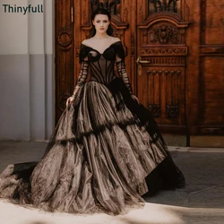 Thinyfull Black Gothic Sheer Corset Tulle Wedding Dress A-line Off Shoulder Long Sleeves Bride Dress Lace Up Bridal Gowns 2023