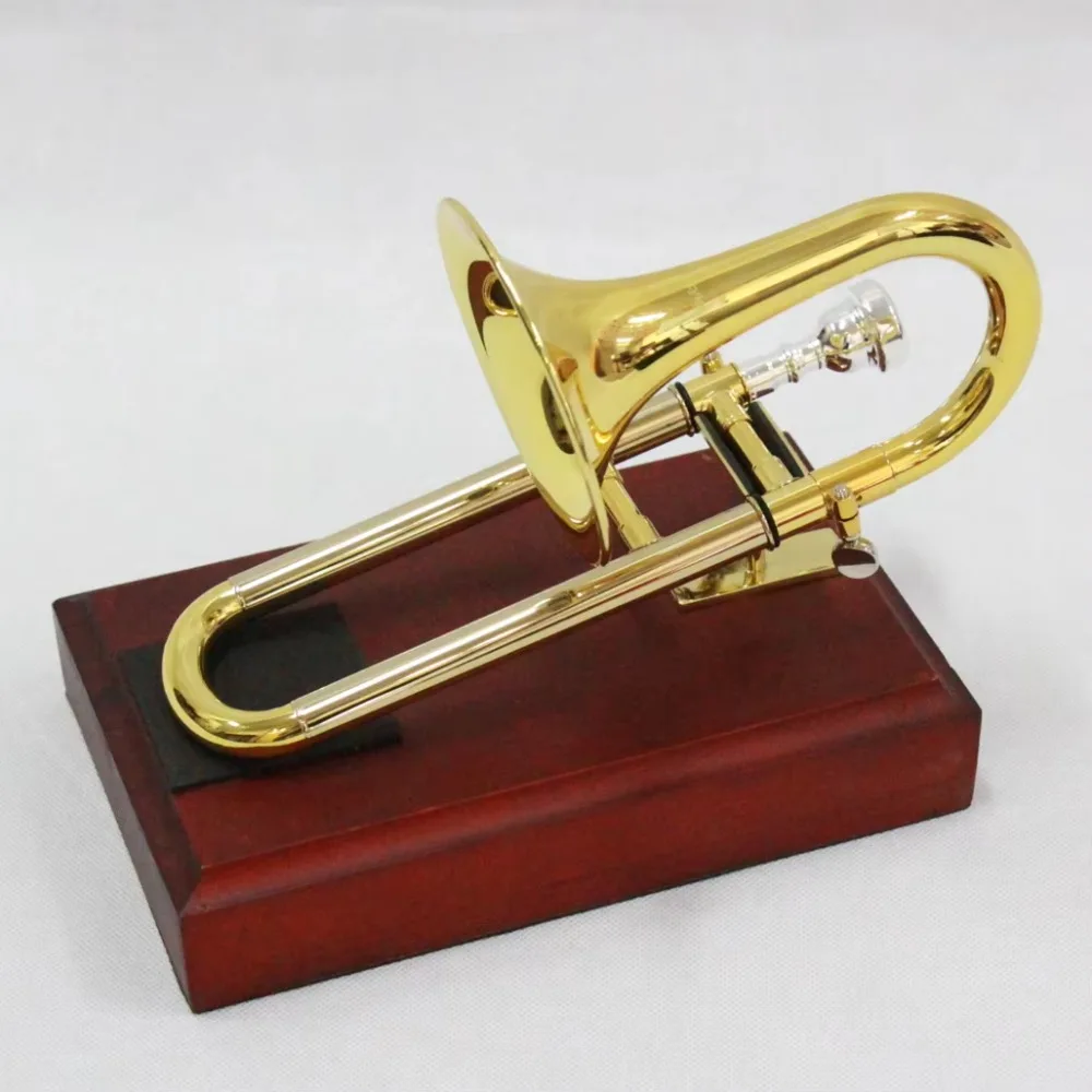 Price discount concentrated on high-end brass body of piccolo trombone, gold trombone instrument with display stand for sale