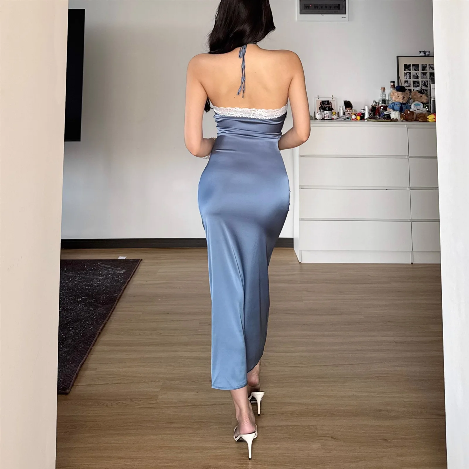 Combhasaki المرأة الدانتيل متابعة الرسن الرقبة أكمام الأزهار الدانتيل تقليم المرقعة Bodycon الحرير الساتان عارية الذراعين كامي زلة فستان طويل #6