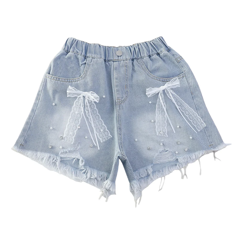 Street Stylish Children Fashion Summer Ripped Mini Denim Shorts with Bow And Pearl For Teen Girl Casual Shorts Kids Trend Shorts
