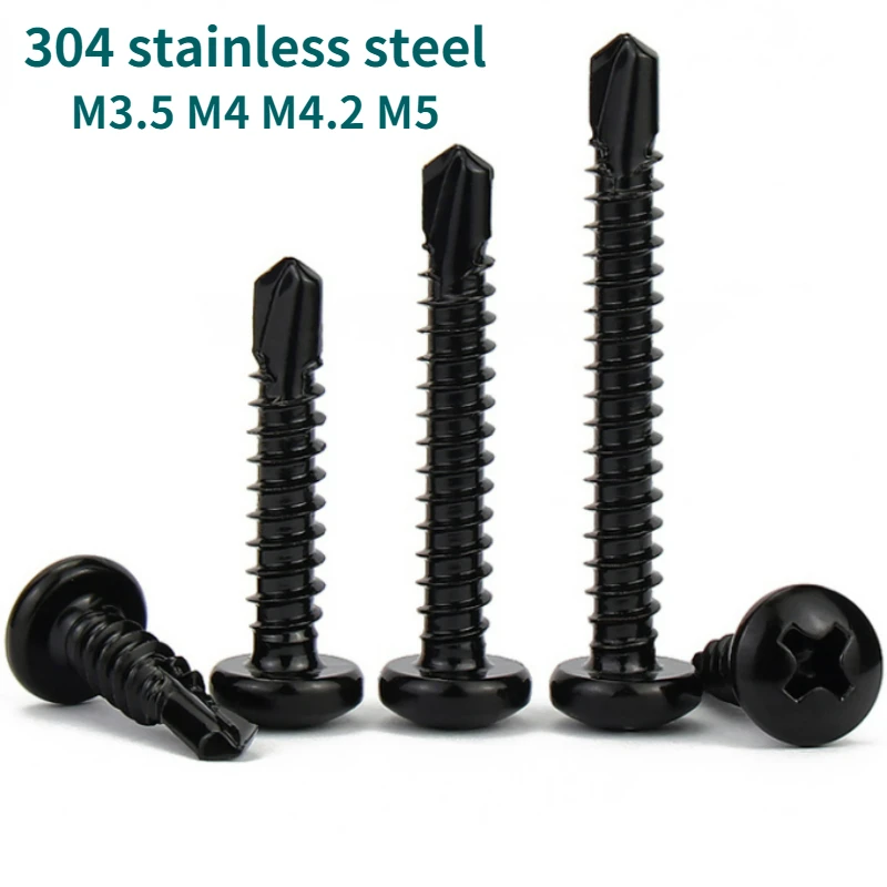 10/20Pcs Black 304 Stainless Steel Cross Pan Head Drilling Self Tapping Screws M3.5 M4 M4.2 M5 Length=13mm-50mm