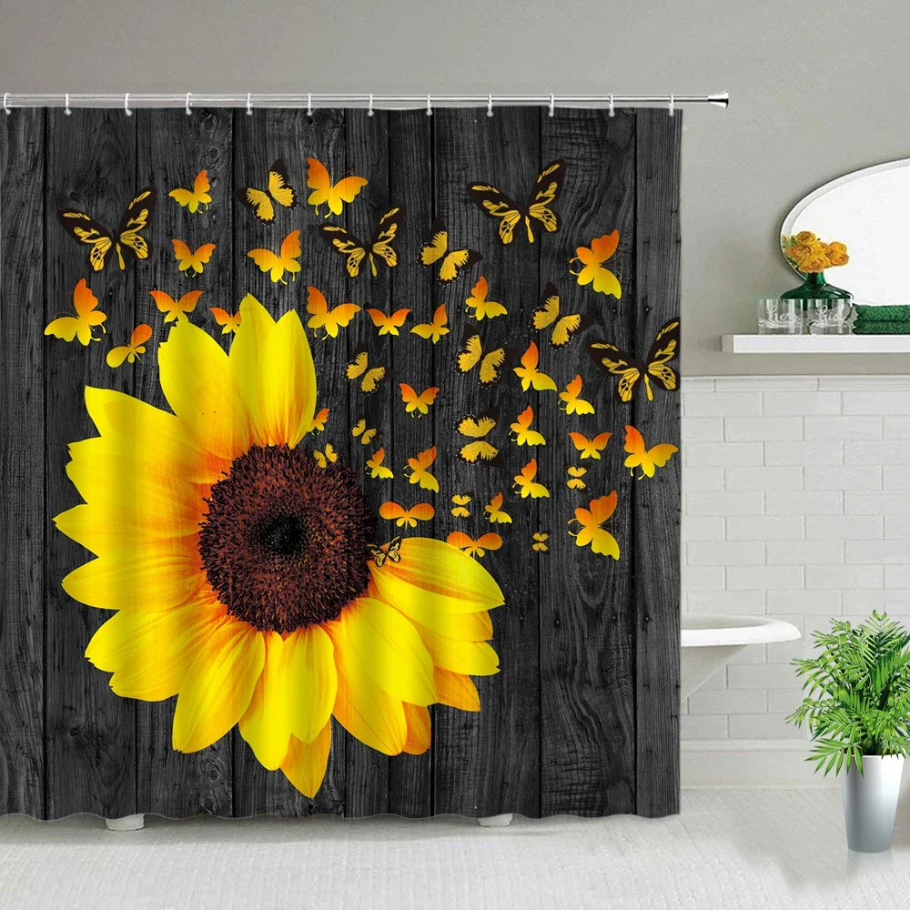 Retro Wood Grain Sunflower Flower Butterfly Print Shower Curtains Lavender Rose Floral Plant Waterproof Bathroom Decor Curtain