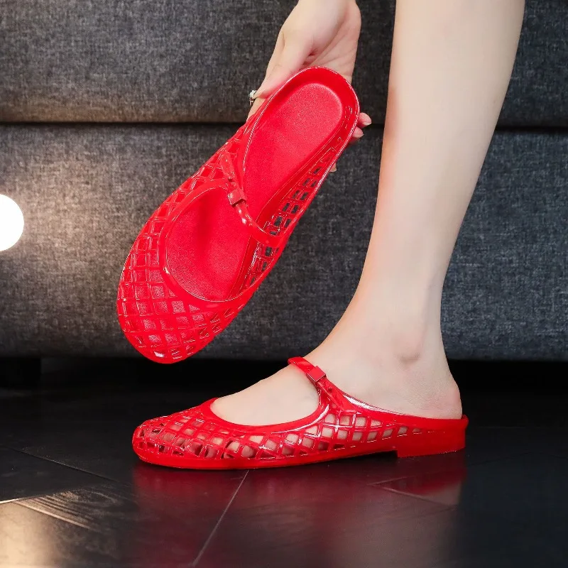 

Women's Hollow Out Jelly Mary Jane Flats Breathable Slip on Sandals Concise Closed Toe Buckle Strap Casual Summer Shoes Size 41