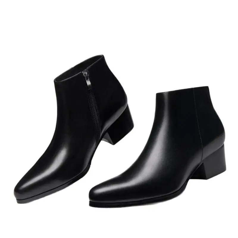 Autumn winter new mens 5 CM high heels warm genuine leather ankle boots shoes men business dress work boots black wedding shoes