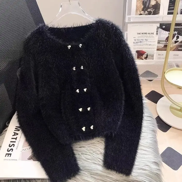 Imitation Mink Knitted Sweater Cardigan Women\'s Autumn Winter Thickened Short Version European Product High-end Good-looking