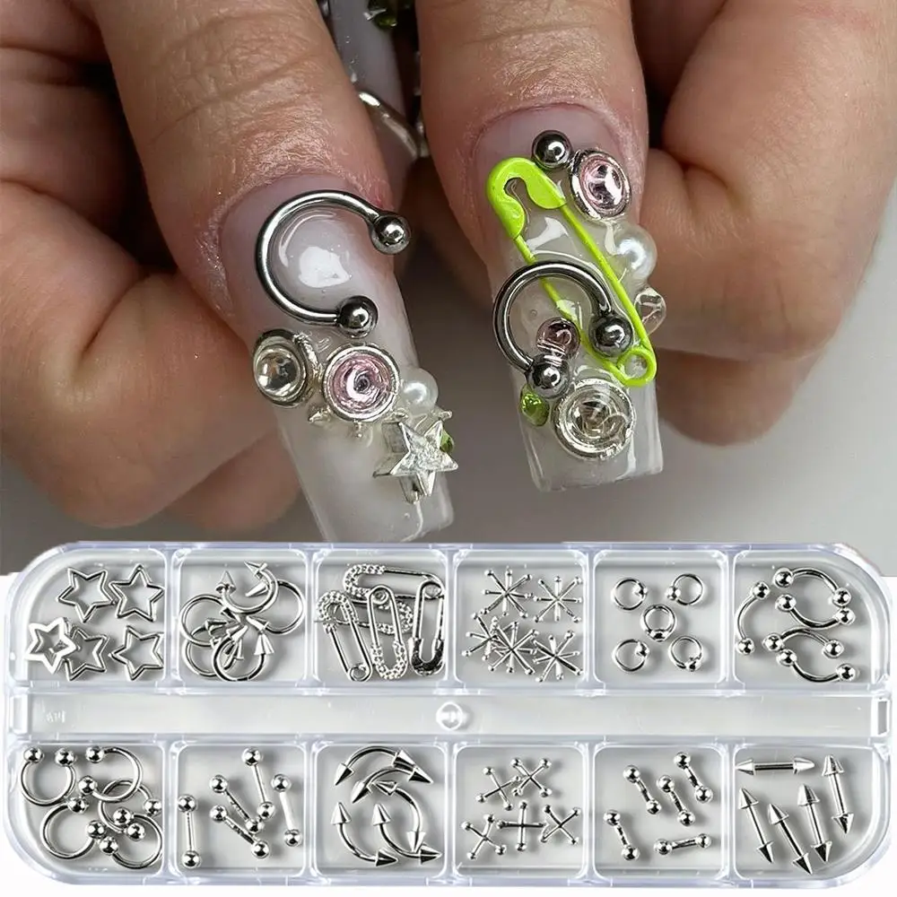 6/12Grids 3D Silver Punk Piercing Nail Charms Hollow Star Safety Pin Arrow Hoop Cross Alloy Nails Rivet Cool Manicure Accessorie