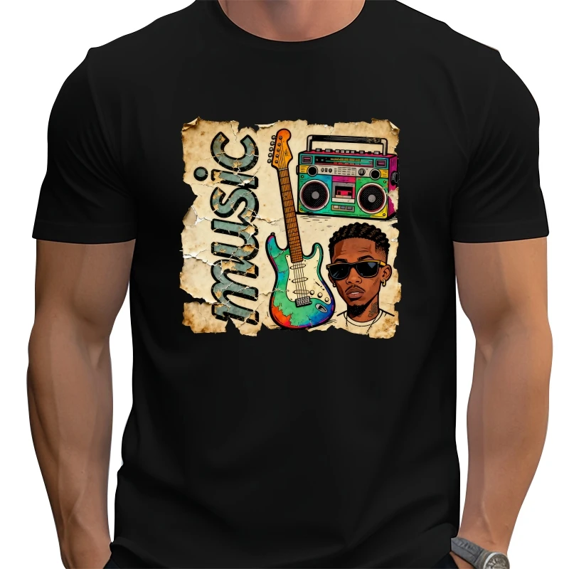

Loose large size Cartoon guitar street style T-shirt cool graphic print Fun Hip Hop 100% Cotton Top