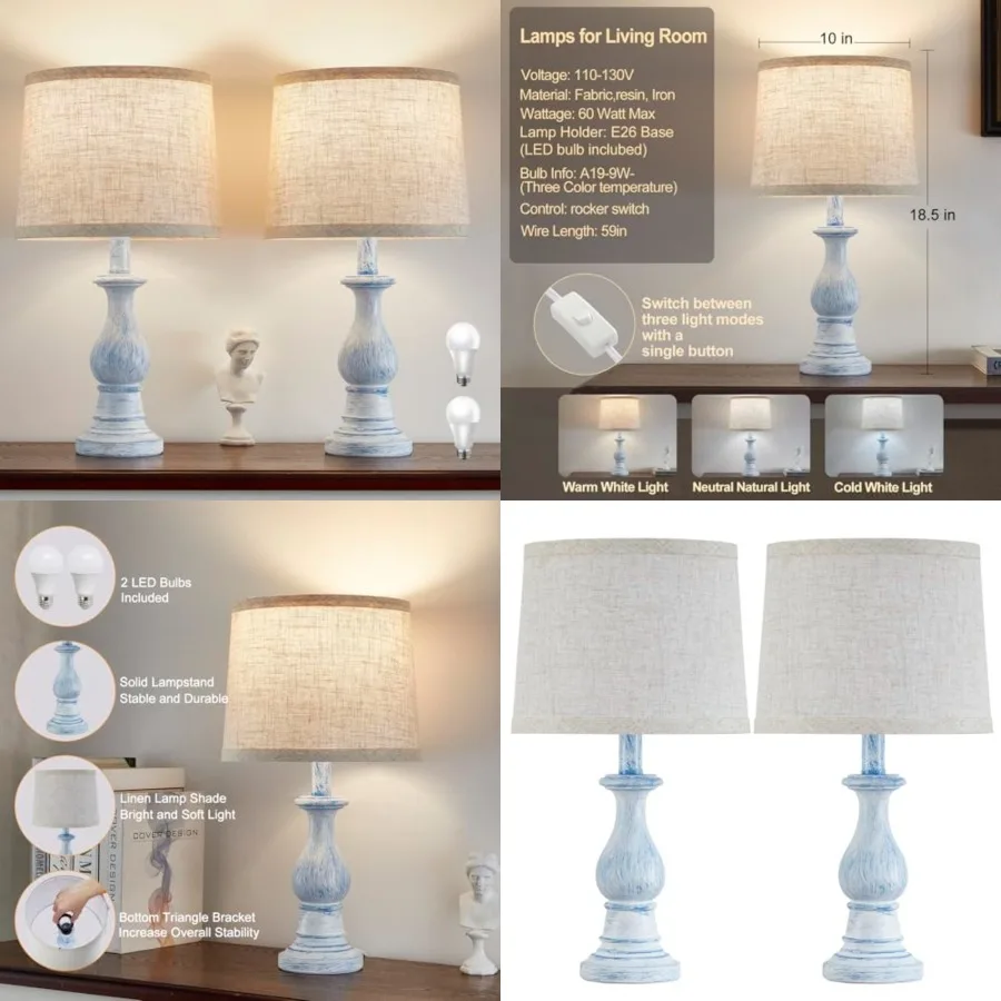 

Vintage Table Lamp for Living Room Bedroom, 18.5" Farmhouse Bedside Lamps Nightstand Lamp Set of 2, Table Lamps with Oatmeal Li
