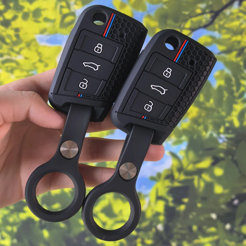 Racing Stripe Protective Key Fob Shell with Keychain,Durable Silicone Cover for VW Golf7 MK7 Tiguan MK2 T-roc T-cross Seat Ateca