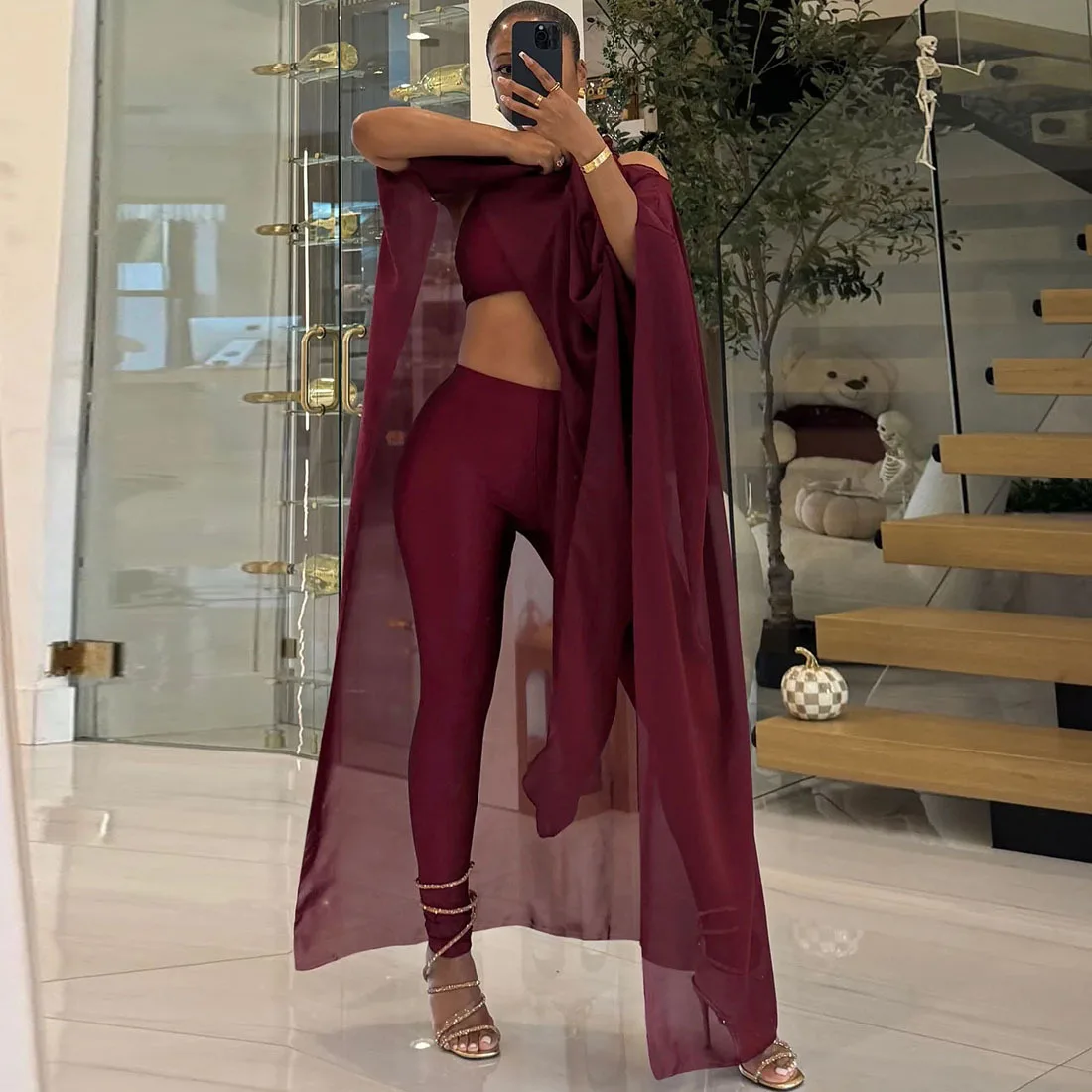 ファッション3点セット レディース キャミソール クロップトップス + シースルーメッシュロングショール + ペンシルパンツ カジュアル ストリートウェア スーツ パーティー衣装