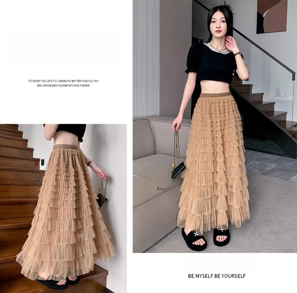 Midi-Rock in A-Linie, Kuchen-Design, Polyesterfaser, Netzstoff, geschichtet, geschwollen, halblang, Frühling, Sommer, Herbst, Winter, Röcke im neuen Stil