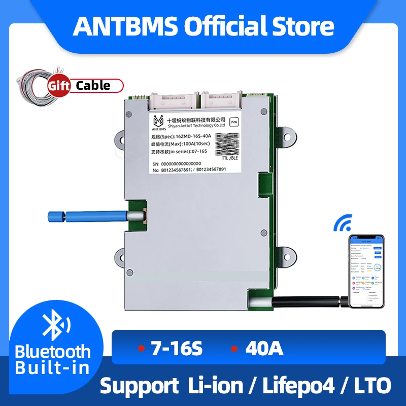 ANT BMS 7S 8S 9S 10S 11S 12S 13S 14S 15S 16S LifePO4 Li-ion Battery 24V 36V 48V 60V 40A 100A BT APP Built-in Smart balance board