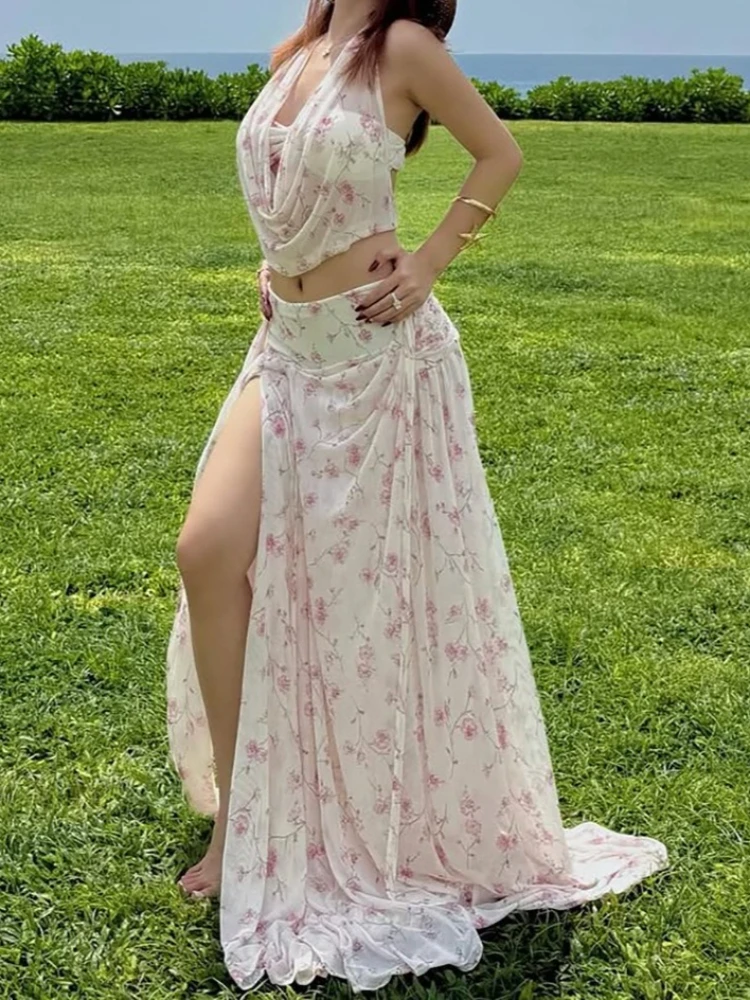 

Foamlina Floral Print Mesh 3 Piece Set Women Summer Sexy Chest Wrapped Bra+Halter Crop Top+High Slit Long Skirt Matching Suit