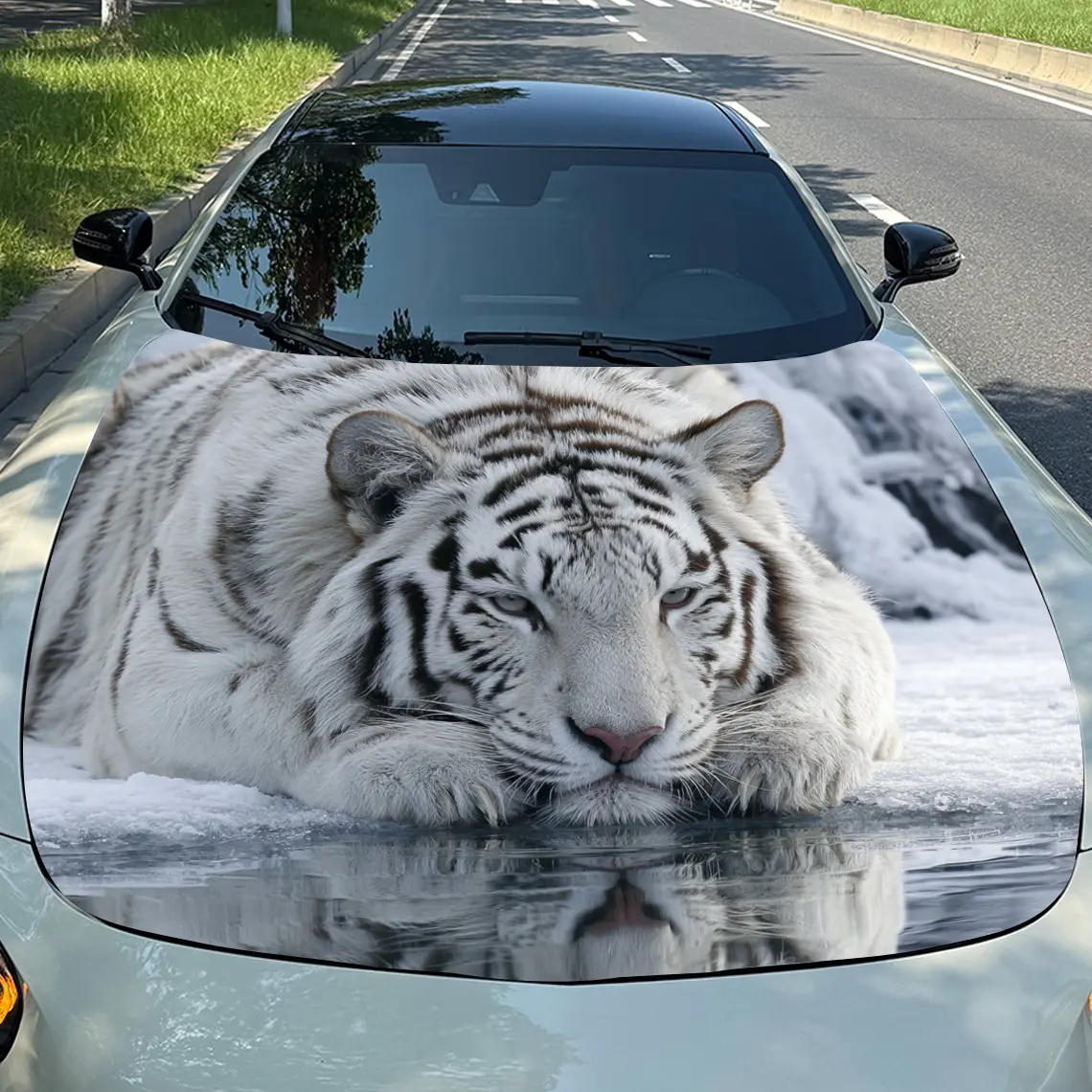 

Car Decals Realistic White Tiger with Distinctive Stripes Resting by Rippling Water Car Hood Sticker, Waterproof Self - Adhesive