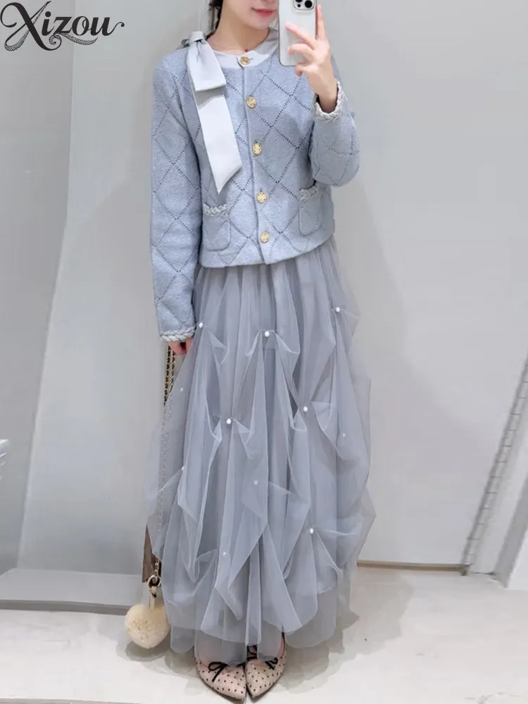 2026 New Spring New Solid Color Sweet Fairy Heavy Pearl Mesh High Waist Skirt Pure Color Autumn Women's Elegant Long Skirts