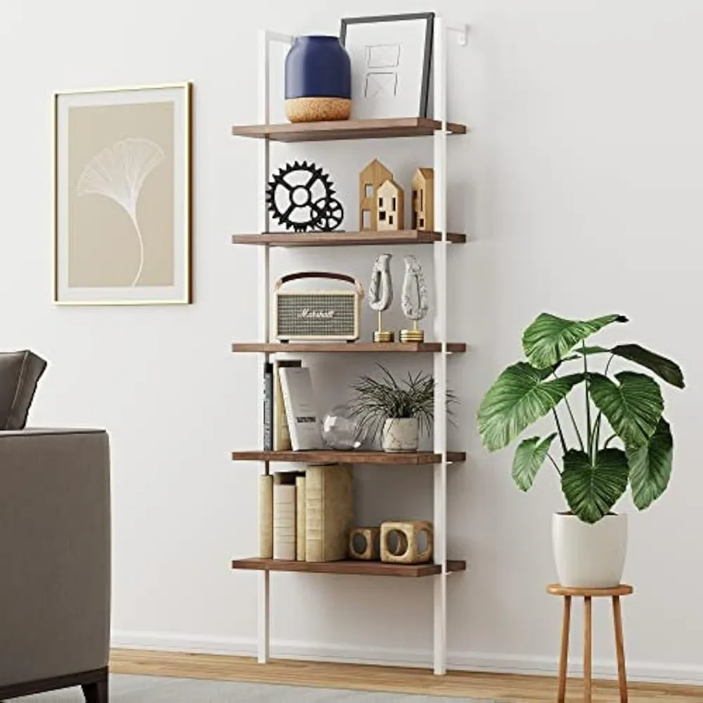 5-layer wooden modern open wall mounted ladder bookshelf with industrial metal frame, light brown oak/white