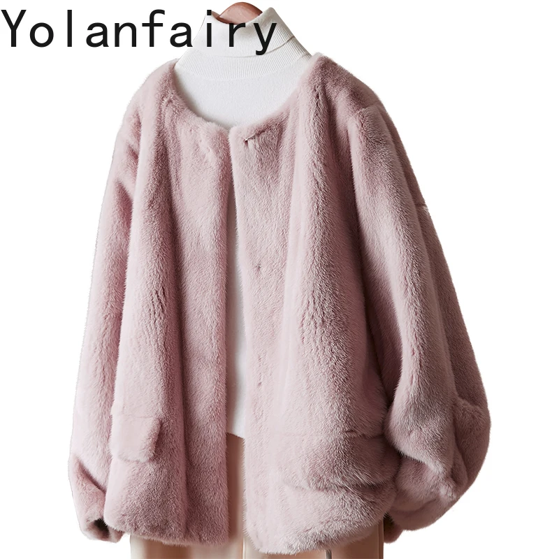 YOLANFAIRY معطف الفرو الحقيقي امرأة الطبيعية كاملة فرو المنك سترات للنساء الشتاء موضة س الرقبة معاطف الفرو الوردي Casaco Feminino