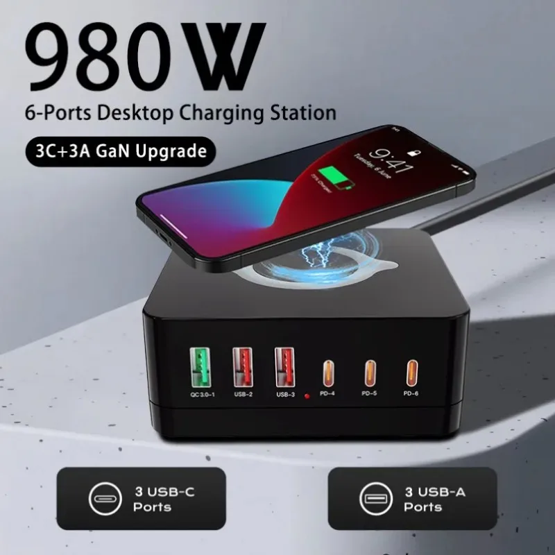 980W 6-Port GaN Fast Charging Station USB C USB A Wireless Charger Pad for Multiple Devices iPhone Laptop Home Office Travel