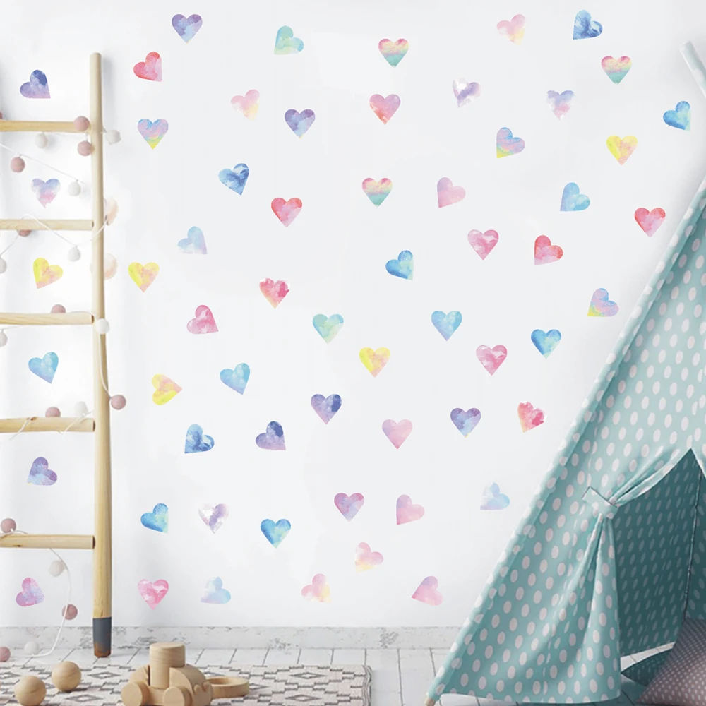 Colorful Hearts Couple Wall Stickers Kitchen Bedroom Watercolor Hearts Wedding Wall Decals Living Room Home Wall Decor