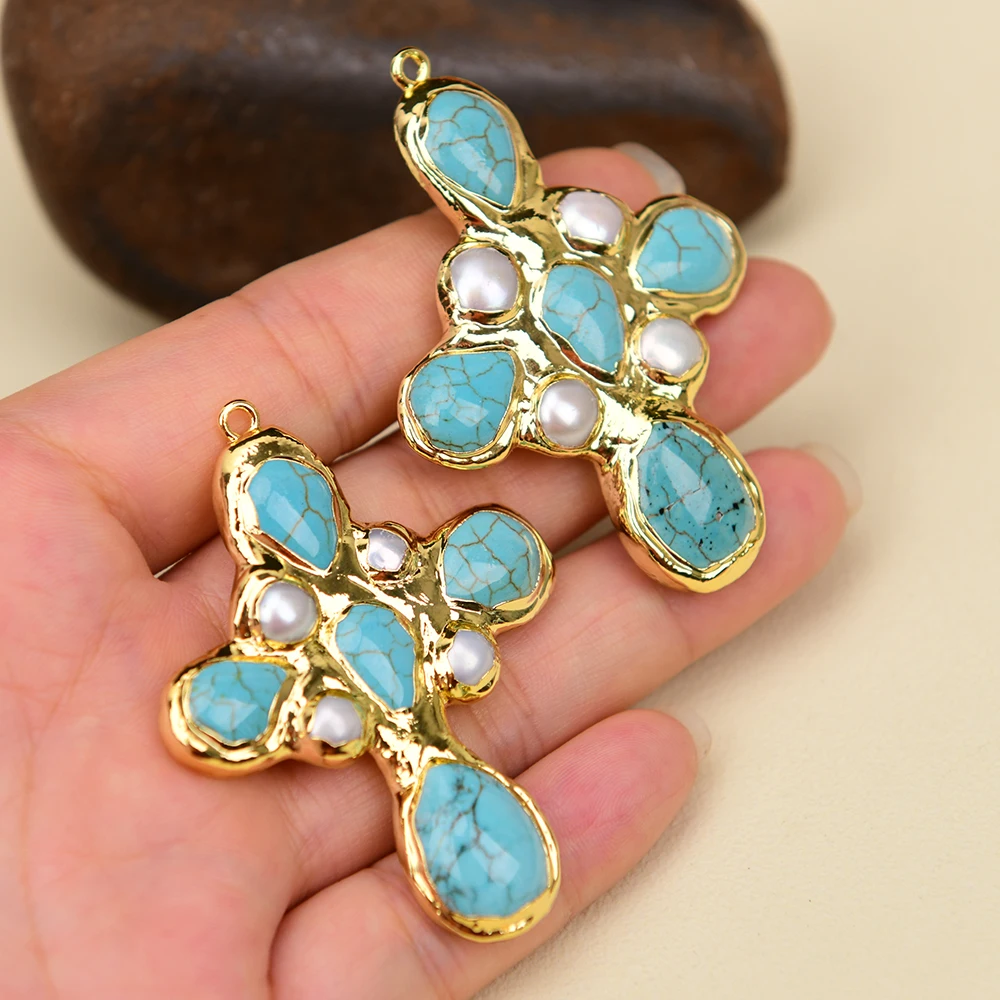 

2 Pcs Big Cultured White Pearl Blue Turquoise Pendant Designer Gems Jewelry