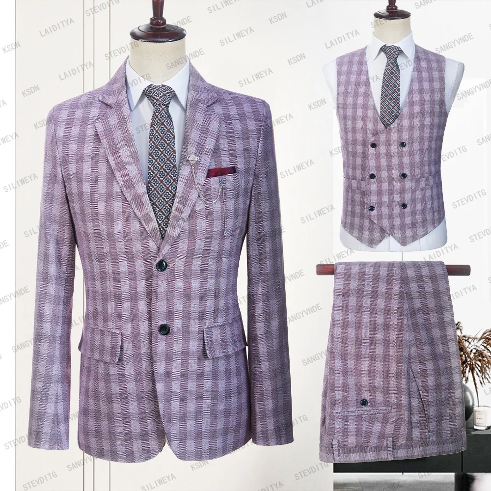 

2023 Men Summer Linen Suits Red White Plaid Slim Fit Casual Groom Business Tuxedos Formal Wedding 3 Pcs Set（Jacket+Pants+Vest）