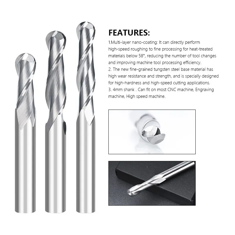 2 Flute Ball Nose End Mill 3.175 4 6 8 mm Shank CNC Engraving Bit Carbide End Mill Wood Milling Cutter 