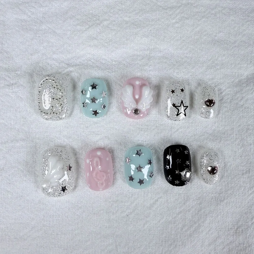 Cartoon Niedlicher Rosa Hase Dessert Liebesbär Ellipsen-Nagelkunst 3D Stern Schmetterling Knoten Flügel Punkt-Muster Künstliche Nägel Geburtstagsgeschenk – Detail 25