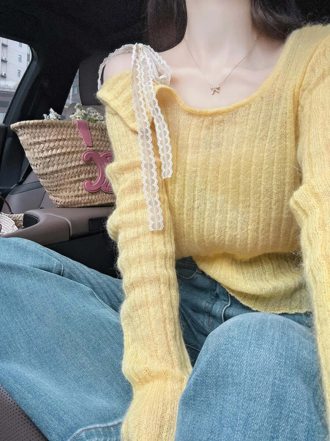 Pull léger de printemps de haut en tricot de ruban de dentelle de Mohair douce de épaules dénudées