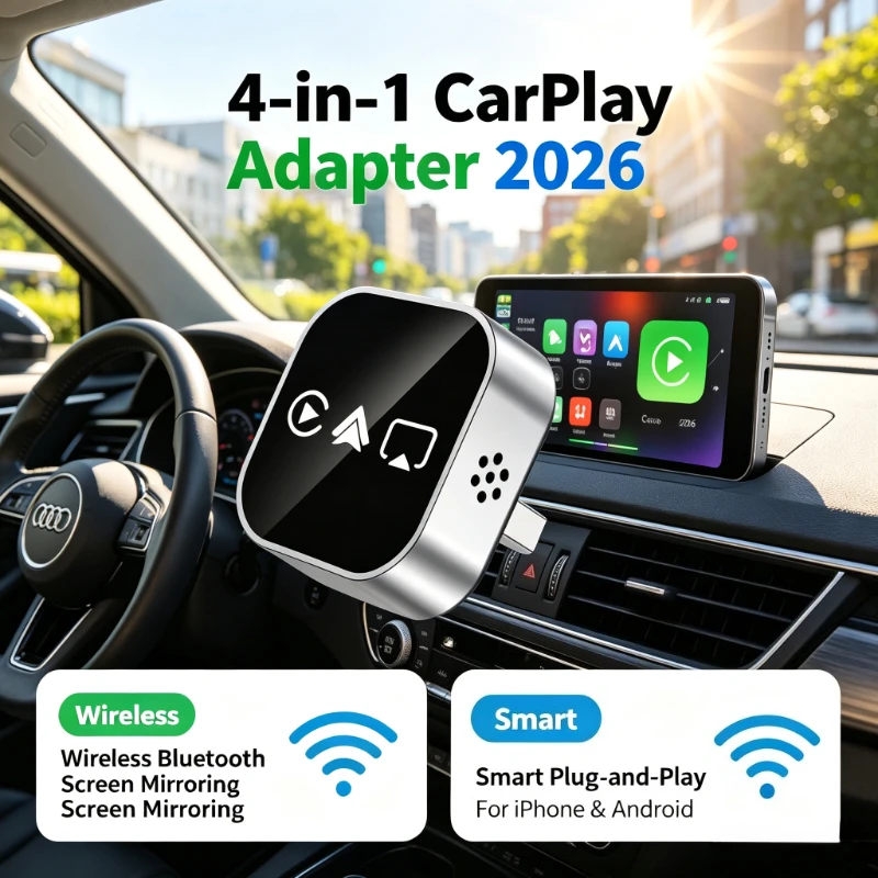 Newly Upgraded 2026 4-in-1 Smart CarPlay Adapter Wireless Bluetooth Screen Mirroring Function