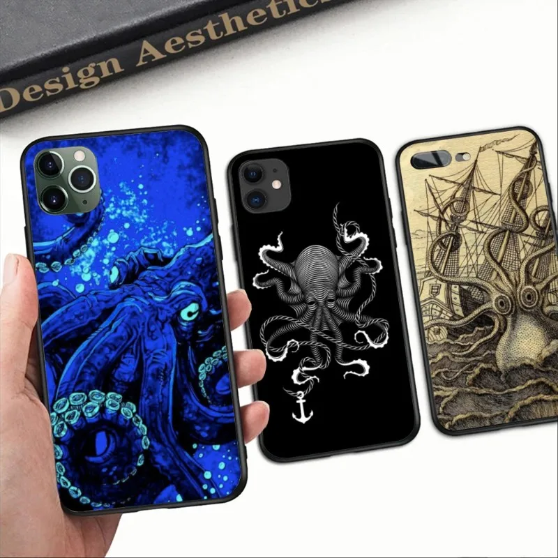 Norway Kraken Octopus Phone Case for iPhone 14 13 12 11 XS X 8 7 6 Plus Mini Pro Max SE 2022 Black Soft Phone Cover Funda