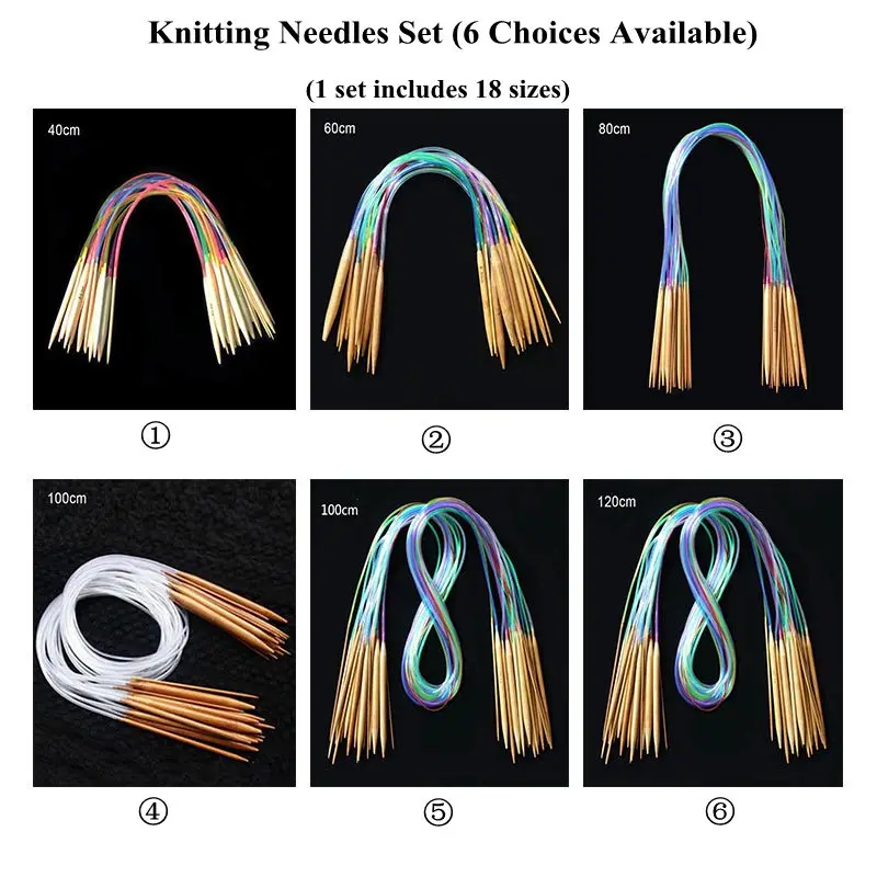 18Pcs/Set Circular Knitting Needles Bamboo Crochet Sewing Knitting Double Cusp Hooks Soft Tube Needle Craft Tools Set 40-120cm