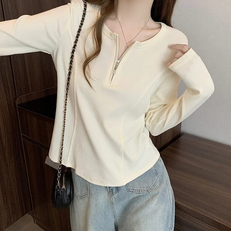 Half Zip Seam Detail Long Sleeve Tee Curved Hem Slim Fit Inner Top Women Autumn Winter Up to 200 Pounds