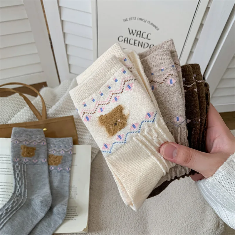 Vintage Mid-Calf Knit Socks Fleece Material  Fair Isle Design Women Japanese Style Autumn/Winter Color Block Thickened Pile Soc