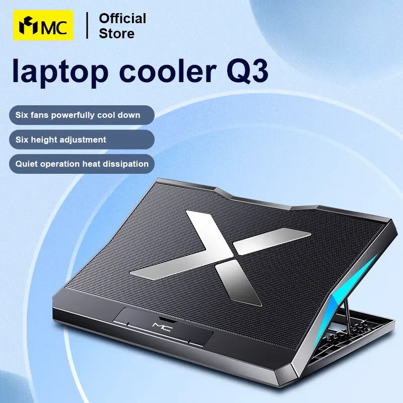 Q3 게이밍 노트북 쿨러, 팬 6 개, 높이 조절 가능, 무소음 냉각 패드, 노트북 컴퓨터 스탠드, 15.6 인치 이하