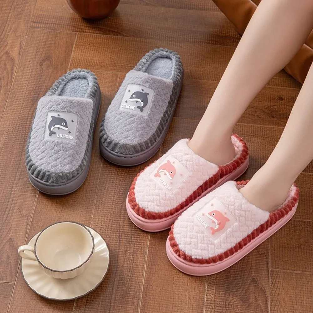 1 Pair Fabric Casual House Slippers Non-Slip Thick Sole Cartoon Slippers Warm Lining Warm Indoor Slippers Home Wear