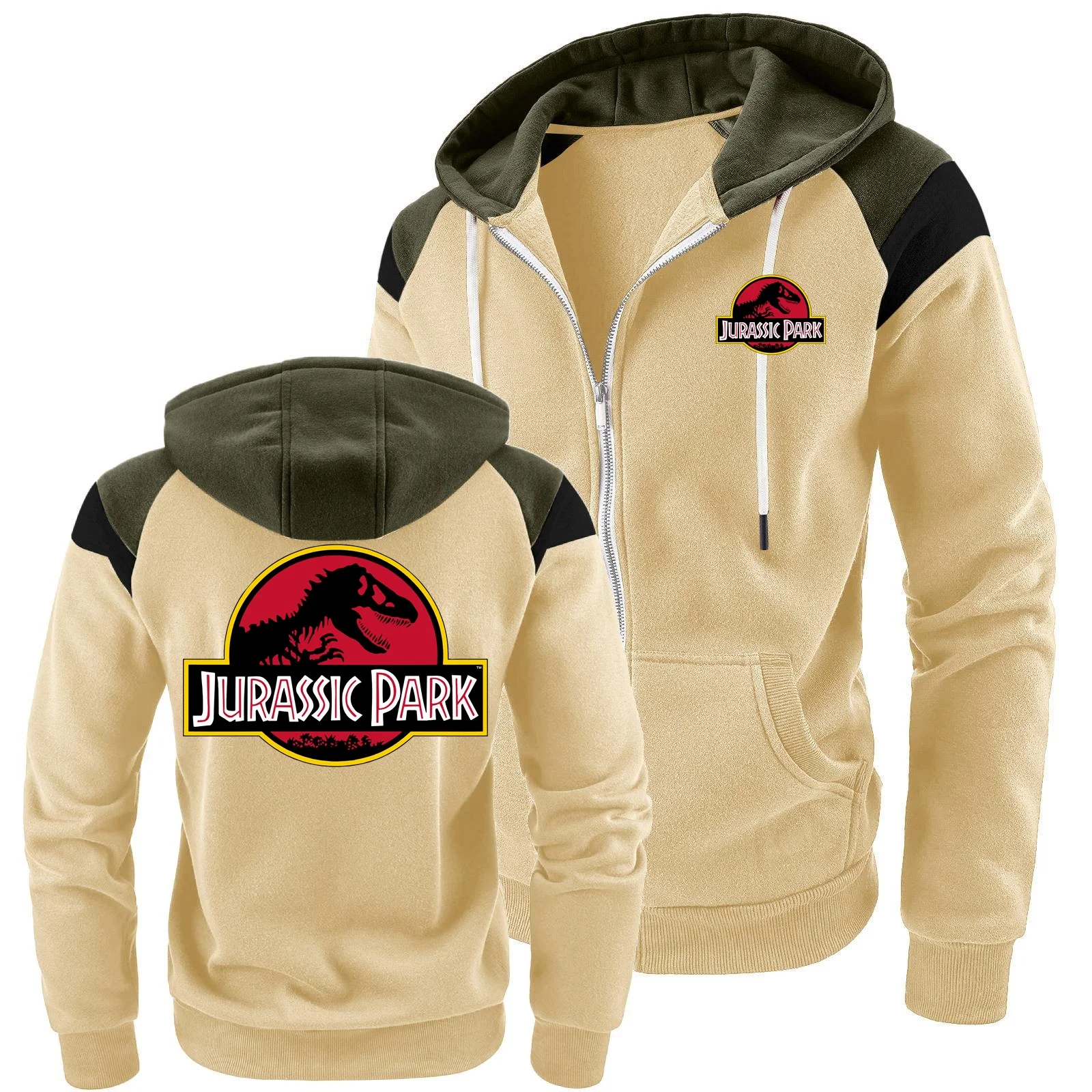 Nouveaux hommes veste à capuche JURASSIC PARK dinosaure monde graphique hommes couleur bloc contrasté sweat, hommes haut de sport décontracté