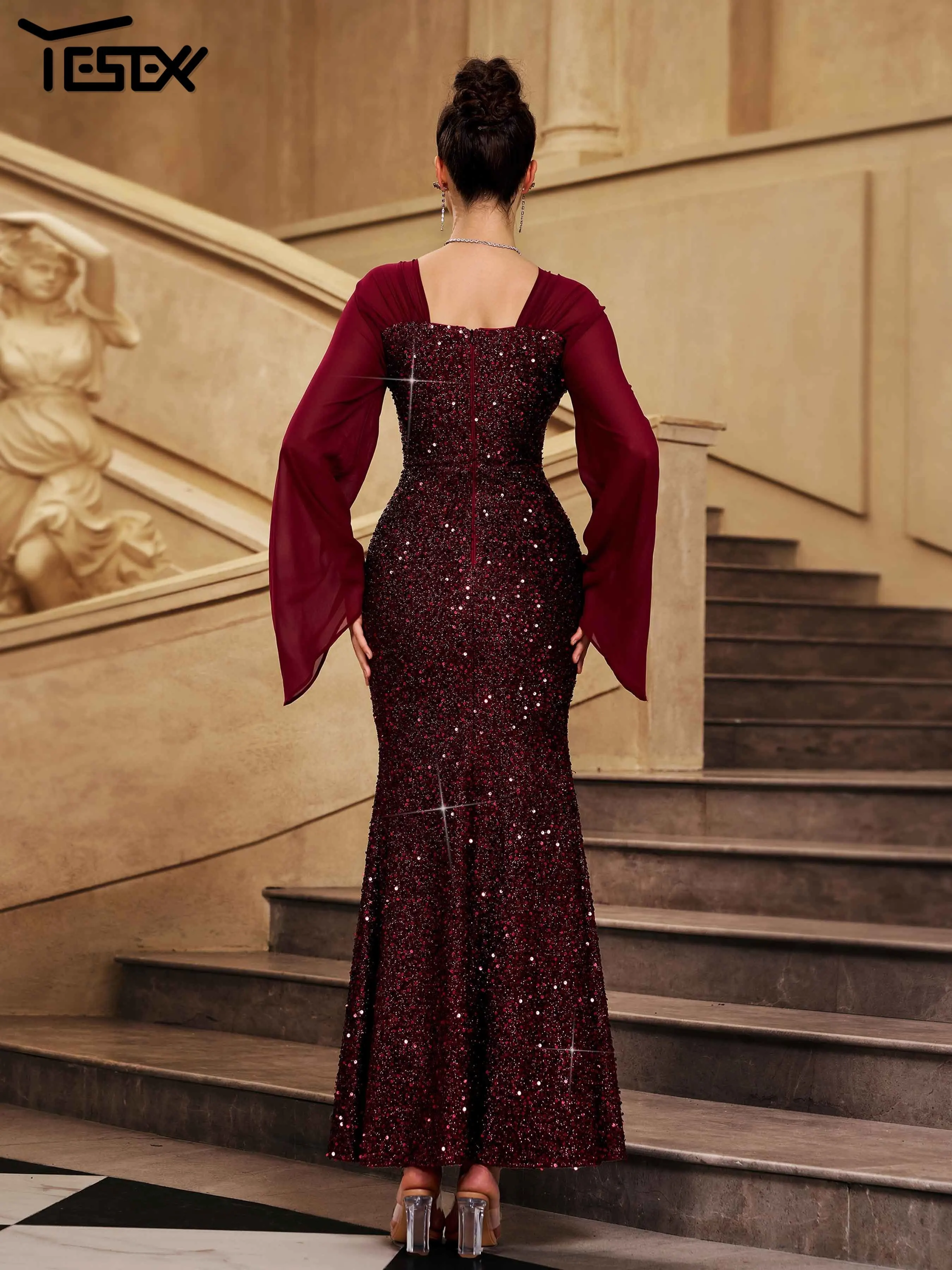 

Yesexy 2025 Square Neck Flare Sleeve Sequin Mermaid Evening Gown Wedding Birthday Party Elegant Beautiful Formal Occasion Dress