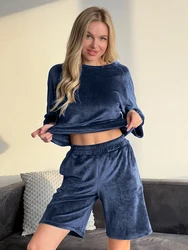 HiLoc Fashion Blue Velvet Shorts Sets Pajamas 2 Pieces Autumn O-Neck Knitted Solid Tops Casual Wide Leg Shorts Nightwears Women