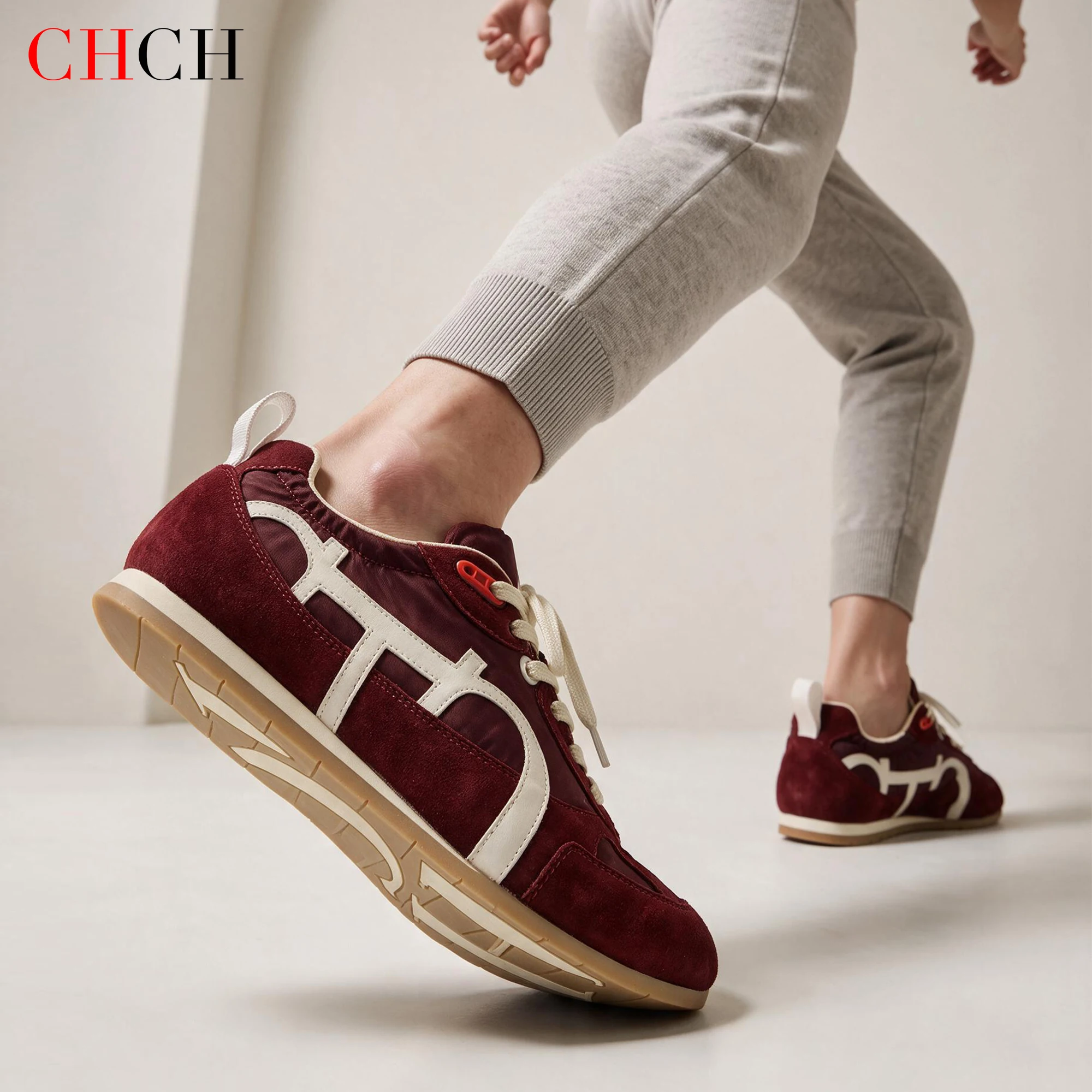 C‑H Ladies Arch Support Casual Flats, Apricot Tone Sheepskin Suede Fabric Patchwork Thin Sole Walking Shoes for Daily Wear