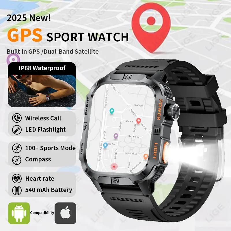 

LIGE 2025 GPS фонарик 2,01-дюймовый HD-экран новые умные часы для занятий спортом на открытом воздухе Bluetooth вызов IP68 водонепроницаемые умные часы с компасом для мужчин