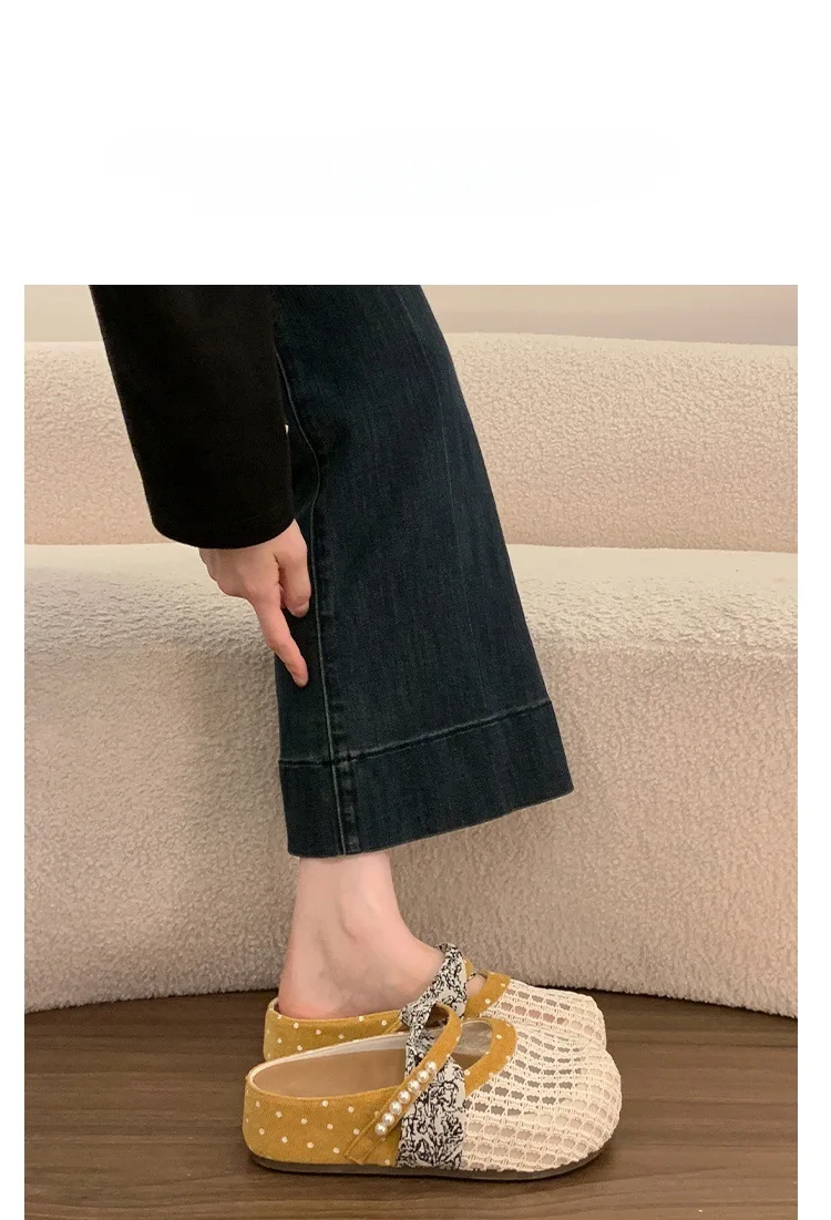 Atmungsaktive Mesh-Halbpantoffeln für Damen, Französische Polka-Dot-Perlen-Slip-On-Slides, Weiche Sohle, Geschlossene Zehenpartie, Geeignet für Breite Füße – Detail 14