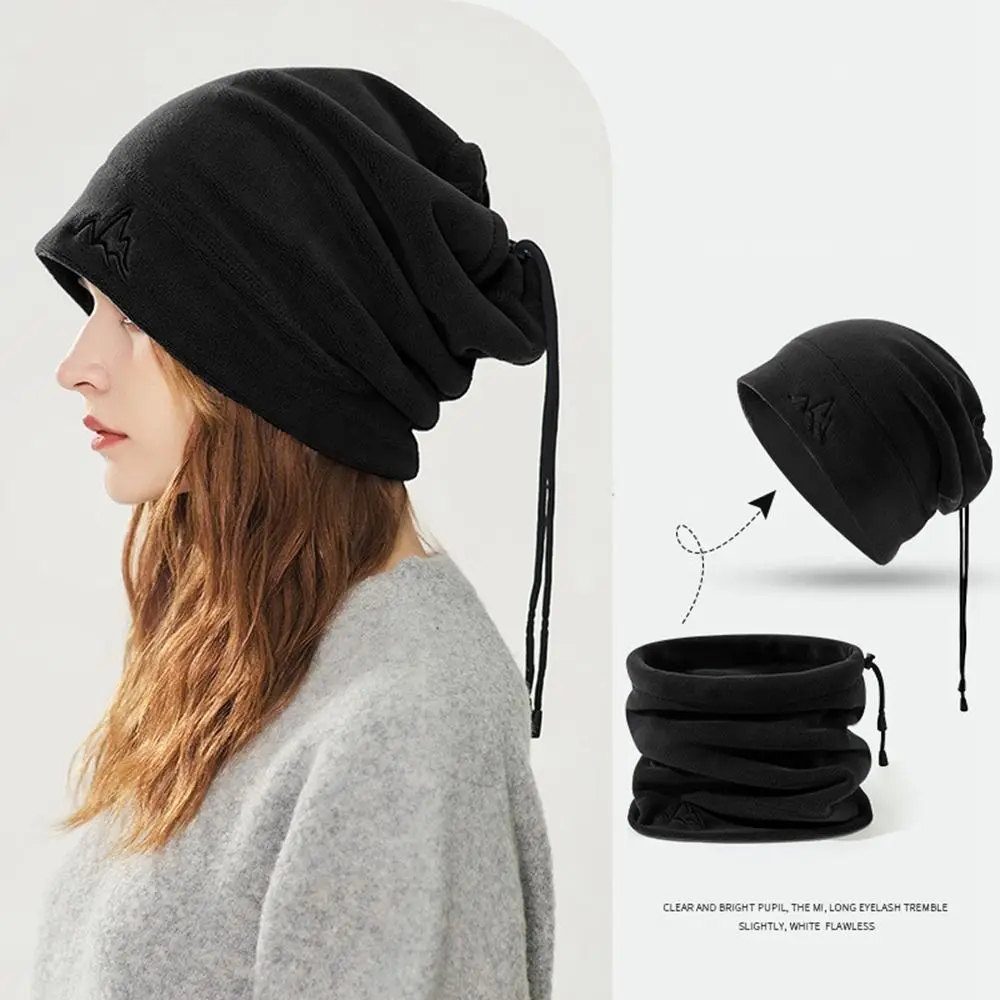 

Soft Drawstring Fleece Hat Windproof Solid Color Pullover Cap Ear Protector Face Cover Mask Hood Beanies Winter
