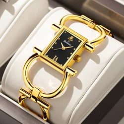 YaLaLuSi Top Brand Women's Watch Rectangular Golden Case Black Dial Simple Skeleton Business Ion Plating Gift Box Regulator