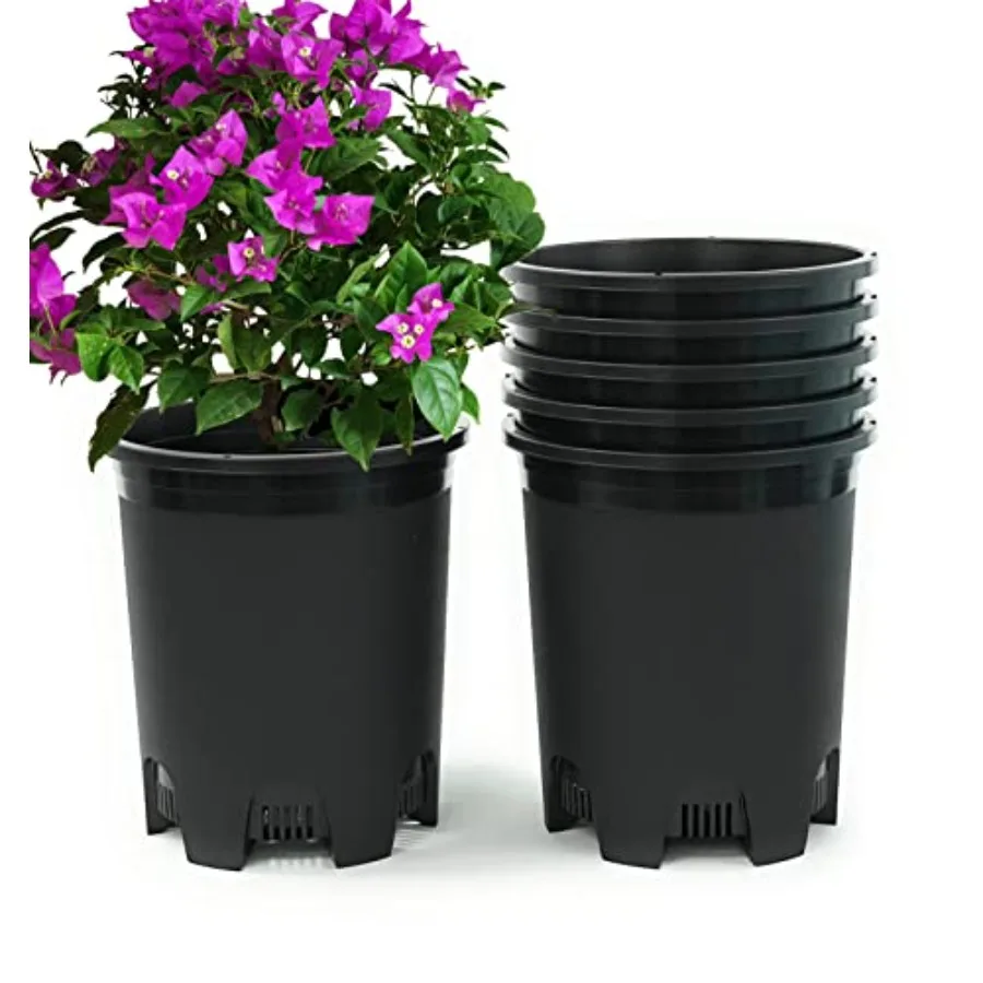 

Outdoor and indoor gardening: plastic plant pots, black, 5-gallon capacity, 6-pack with drainage holes for nursery and tree pla
