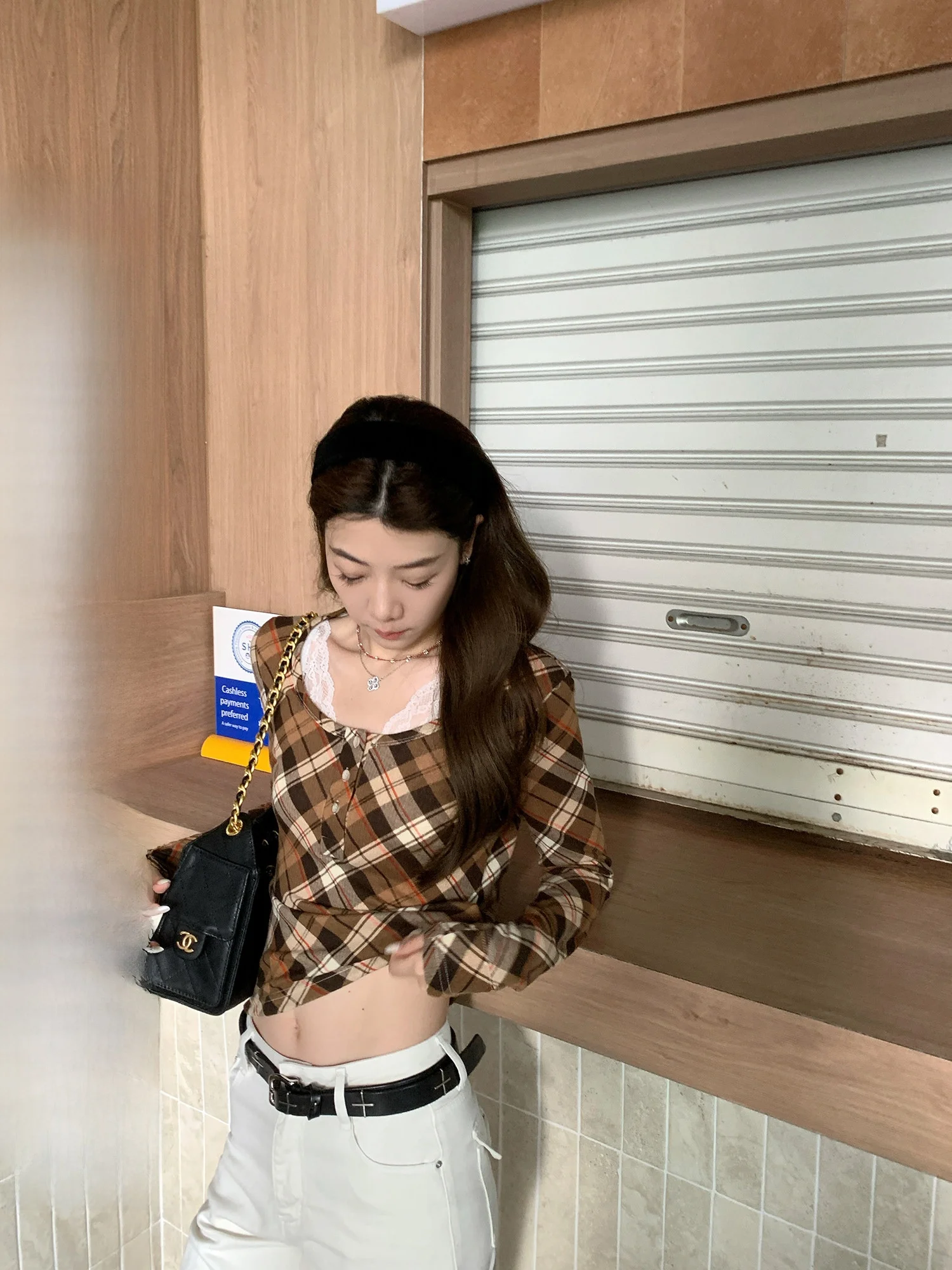 Camiseta de Manga Larga con Encaje Caramel Choco de Ashenonline, Top Corto a Cuadros Vintage para Mujer, Estilo Casual, Mezcla de Poliéster y Spandex