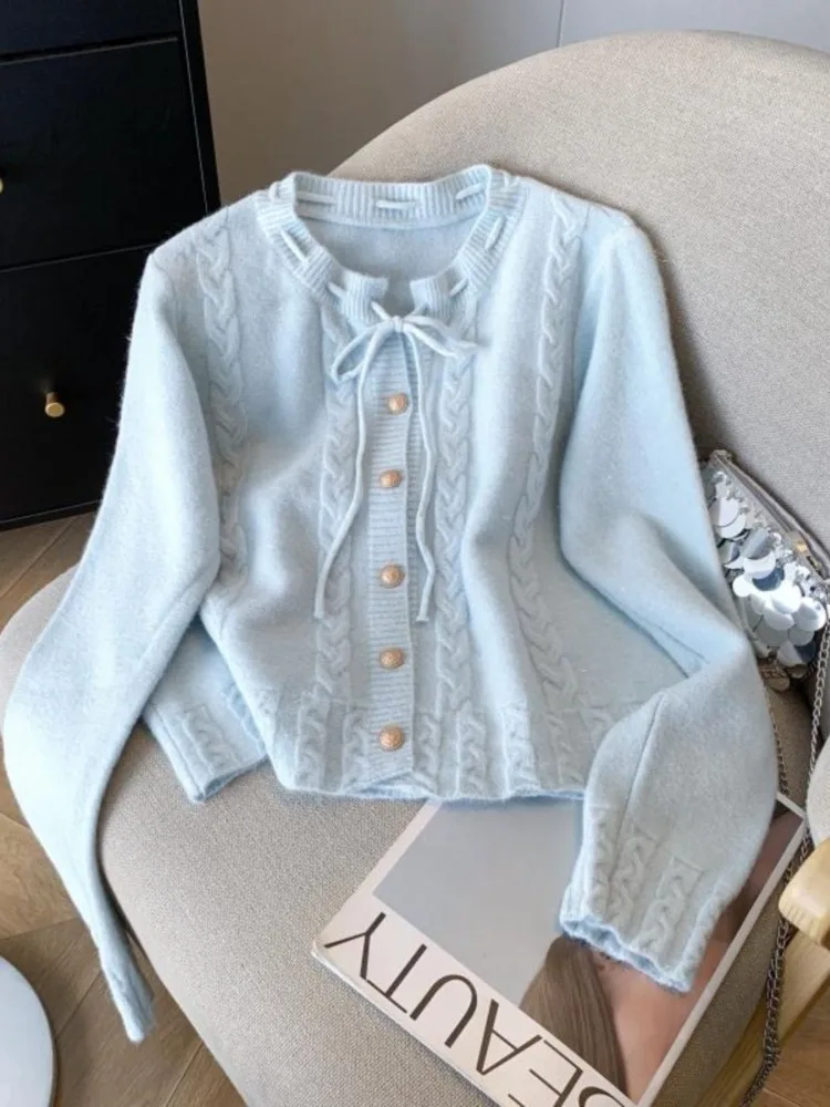 

Korean Lace Up O Neck Knitted Cardigan Women Gentle Solid Long Sleeve Sweater Coat 2025 Autumn Winter Simple Sweet Tops