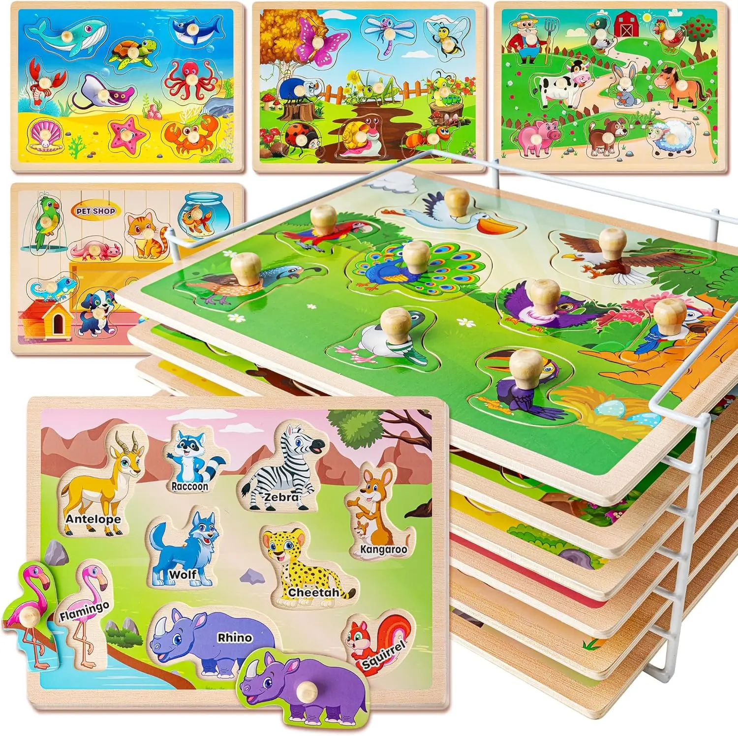 

6XSET Animal Puzzles for Toddlers 1-4 with Rack, Montessori Educational Learning Toys for Boys Girls, Easter Basket Stuffers