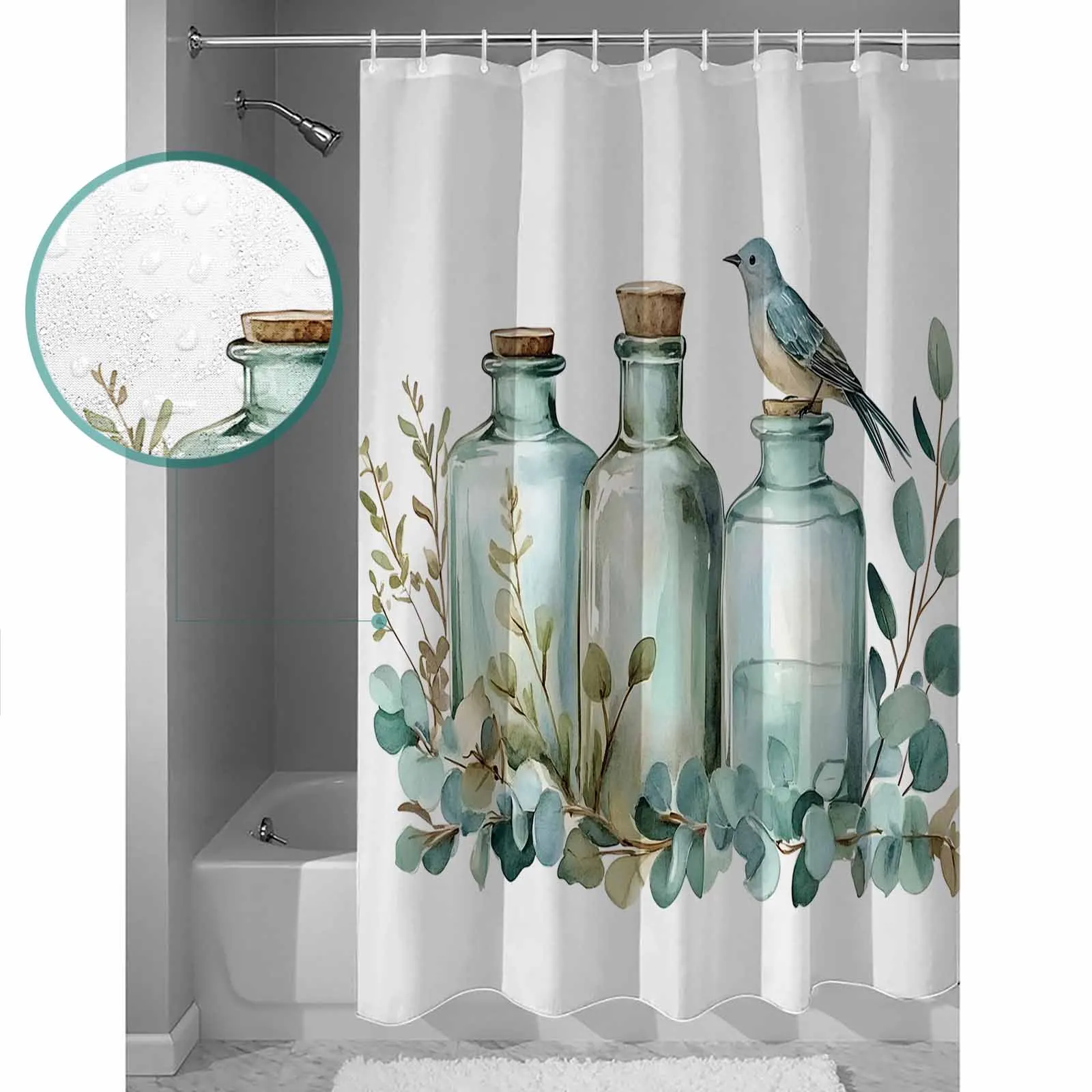 

Eucalyptus Leaves Glass Bottle Shower Curtain High Quality Bathroom Waterproof Fabric Toilet Simple Style Decor