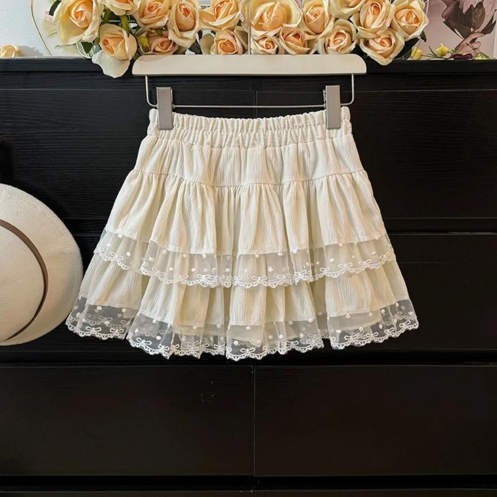 

Cute Dots Puffy Cake Skirt Women High Waist Textured Lace Bowknot Short Skirt Ruffle Sweet A-Line Short Skirt Daily