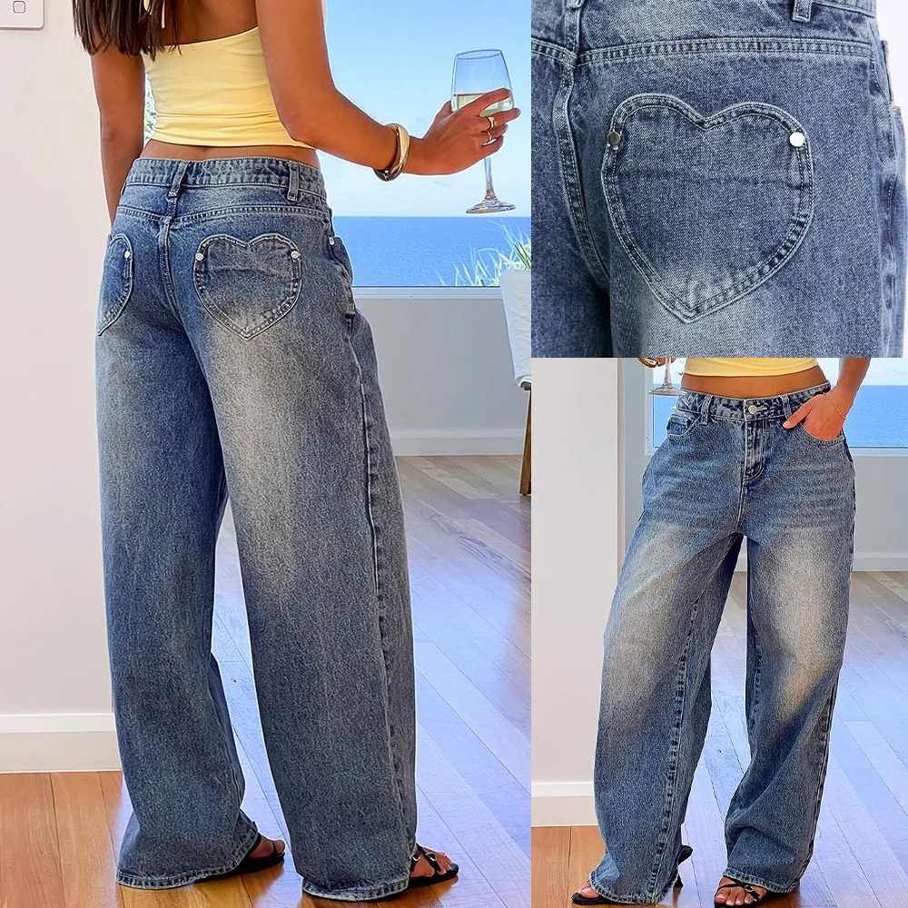 

Fmxires New Women's Y2K Vintage Jeans with Pockets Aesthetic Loose Fit Gradient Color Botton Low Waist Wide Leg Denim Long Pants